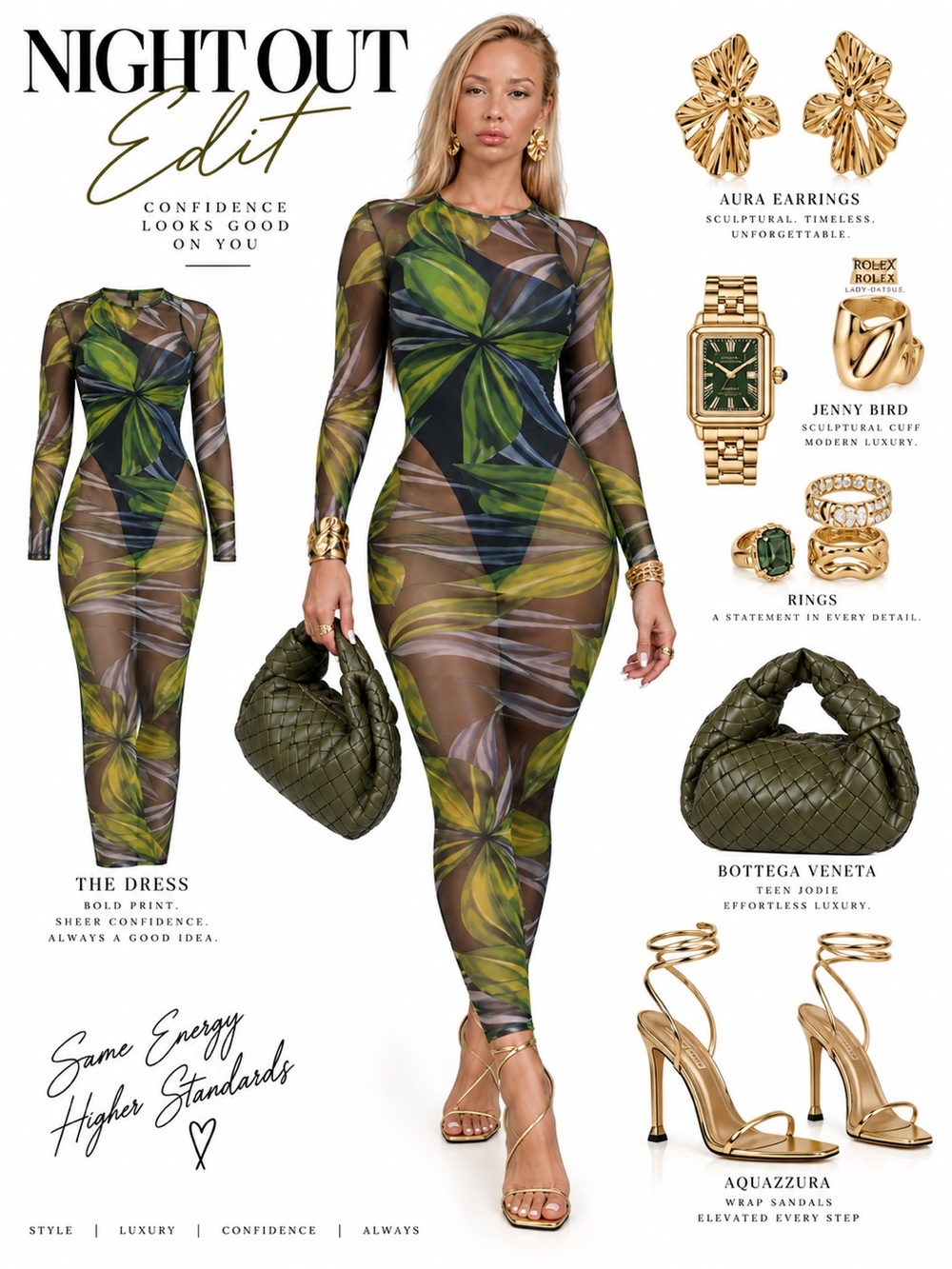 Louisa Ballou - Sheer Green Floral Mesh Bodycon Dress